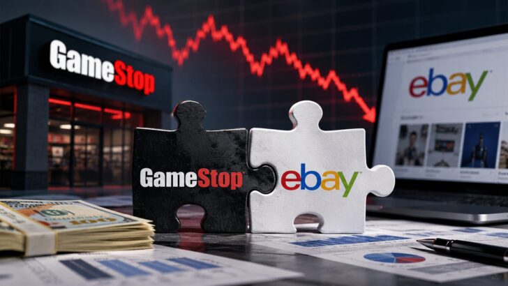 ゲームストップによるeBay買収提案とGME株下落をイメージしたビジネスイラスト