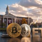 大学基金と仮想通貨ETFの動向を表す、ビットコインとイーサリアムのコインとETFのイメージ