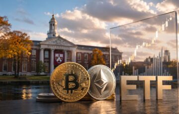 大学基金と仮想通貨ETFの動向を表す、ビットコインとイーサリアムのコインとETFのイメージ