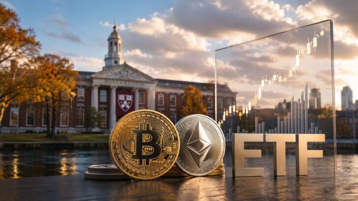 大学基金と仮想通貨ETFの動向を表す、ビットコインとイーサリアムのコインとETFのイメージ
