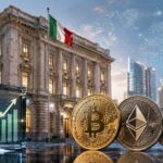 イタリアの銀行建築とビットコイン、イーサリアム、XRPを象徴するコインが並ぶ仮想通貨投資のイメージ