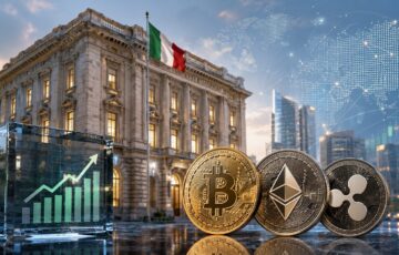 イタリアの銀行建築とビットコイン、イーサリアム、XRPを象徴するコインが並ぶ仮想通貨投資のイメージ