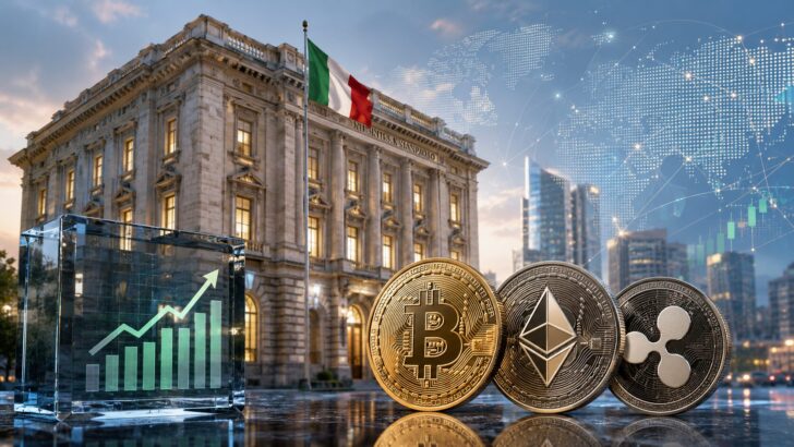 イタリアの銀行建築とビットコイン、イーサリアム、XRPを象徴するコインが並ぶ仮想通貨投資のイメージ