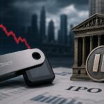 仮想通貨市場の低迷を背景に、レジャーのIPO延期を象徴するハードウェアウォレットと下落チャート