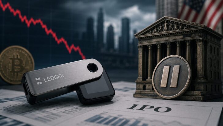 仮想通貨市場の低迷を背景に、レジャーのIPO延期を象徴するハードウェアウォレットと下落チャート