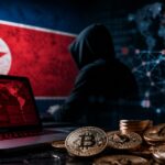 北朝鮮関連ハッカーによる仮想通貨ハッキングをイメージした暗い作業環境とビットコインのビジュアル