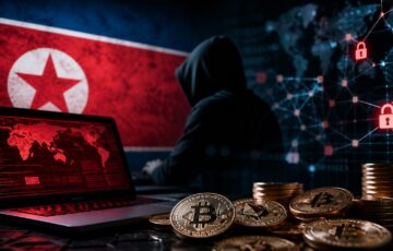 北朝鮮関連ハッカーによる仮想通貨ハッキングをイメージした暗い作業環境とビットコインのビジュアル