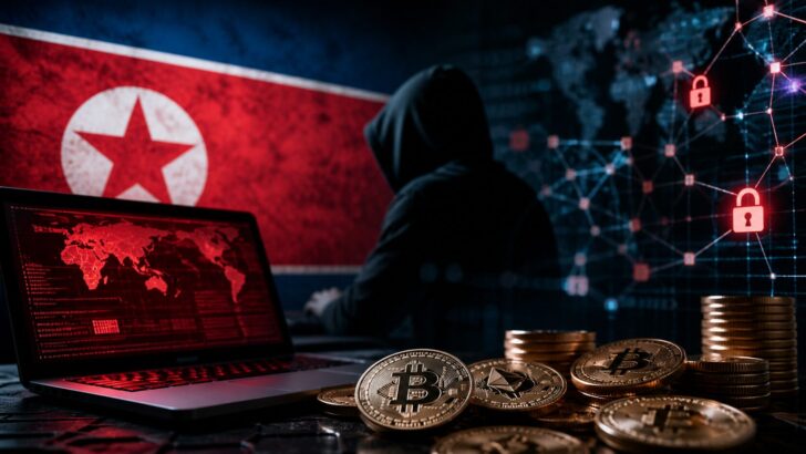 北朝鮮関連ハッカーによる仮想通貨ハッキングをイメージした暗い作業環境とビットコインのビジュアル
