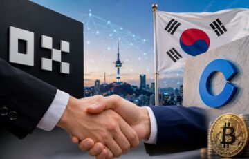 韓国市場を背景にOKXとCoinoneの提携協議をイメージした握手と仮想通貨のアイキャッチ画像