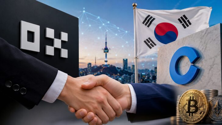 韓国市場を背景にOKXとCoinoneの提携協議をイメージした握手と仮想通貨のアイキャッチ画像