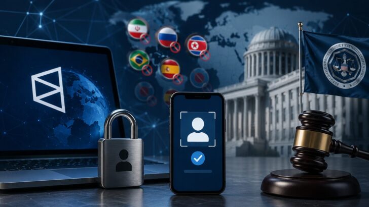 PolymarketのKYC導入観測と各国規制を示す、本人確認画面や南京錠、規制機関をイメージしたアイキャッチ