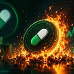 燃えながら焼却される仮想通貨トークンと価格チャートを背景にしたイメージ
