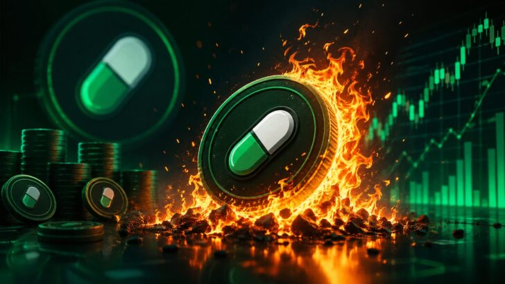 燃えながら焼却される仮想通貨トークンと価格チャートを背景にしたイメージ