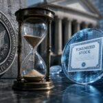 SECの規制対応とトークン化株式取引の延期を表す、砂時計とデジタル証券を組み合わせたイメージ