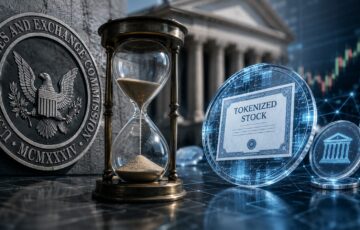 SECの規制対応とトークン化株式取引の延期を表す、砂時計とデジタル証券を組み合わせたイメージ