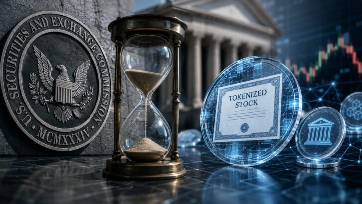 SECの規制対応とトークン化株式取引の延期を表す、砂時計とデジタル証券を組み合わせたイメージ