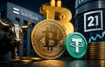 ビットコインとTetherのコイン、金融ビルを背景にTwenty One Capitalへの株式取得を表現したイメージ