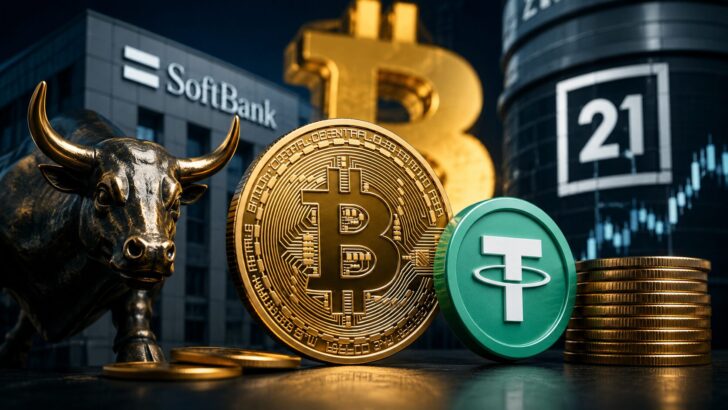 ビットコインとTetherのコイン、金融ビルを背景にTwenty One Capitalへの株式取得を表現したイメージ