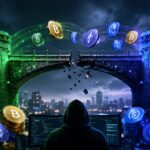 VerusとEthereumをつなぐブリッジが崩れ、仮想通貨流出を表現したサイバー調のイメージ