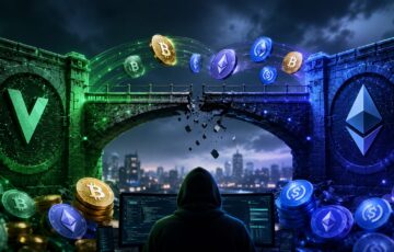 VerusとEthereumをつなぐブリッジが崩れ、仮想通貨流出を表現したサイバー調のイメージ