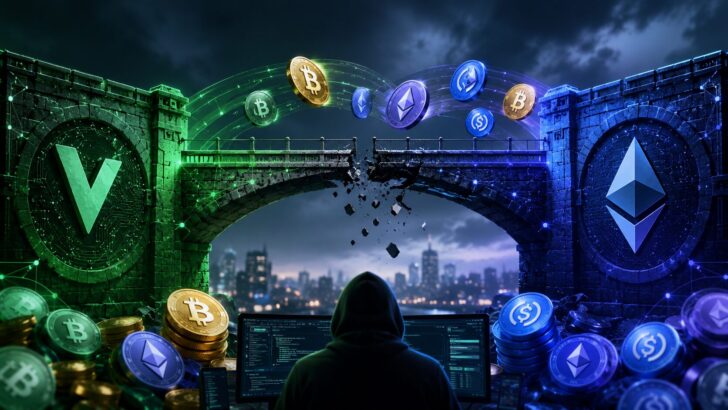 VerusとEthereumをつなぐブリッジが崩れ、仮想通貨流出を表現したサイバー調のイメージ