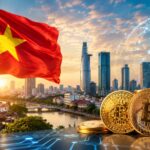ベトナム国旗と都市景観、仮想通貨を組み合わせた規制市場立ち上げのイメージ
