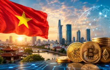 ベトナム国旗と都市景観、仮想通貨を組み合わせた規制市場立ち上げのイメージ