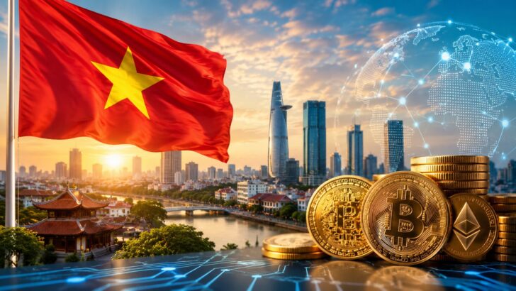 ベトナム国旗と都市景観、仮想通貨を組み合わせた規制市場立ち上げのイメージ