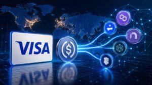 Visaと複数のブロックチェーンネットワークをつなぐステーブルコイン決済のイメージ