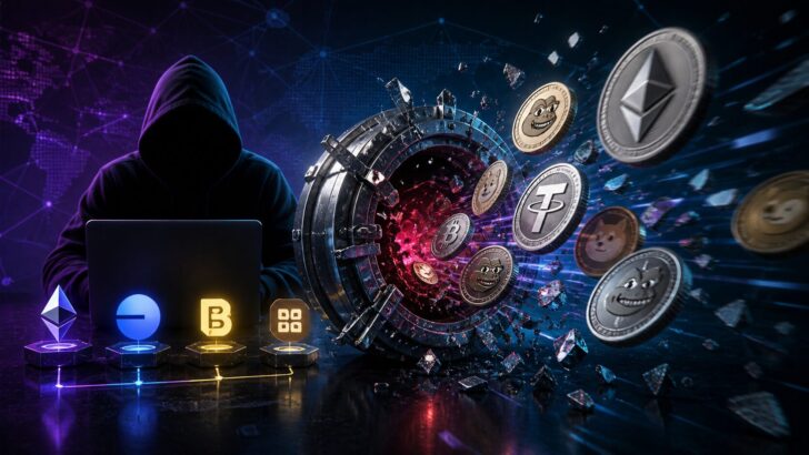 仮想通貨プロトコルのハッキングをイメージしたビジュアル。マルチチェーン環境で資金が流出する様子を表現