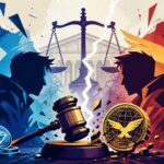 WLFIとジャスティン・サン氏の訴訟対立を表現したイラスト、仮想通貨と法廷の衝突を象徴
