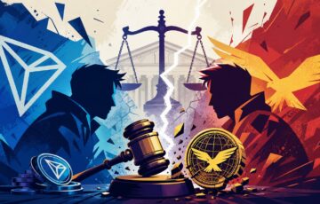 WLFIとジャスティン・サン氏の訴訟対立を表現したイラスト、仮想通貨と法廷の衝突を象徴
