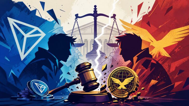 WLFIとジャスティン・サン氏の訴訟対立を表現したイラスト、仮想通貨と法廷の衝突を象徴