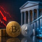 下落する仮想通貨市場と成長する機関投資家向けインフラを対比した、ビットコインとイーサリアムのイメージ