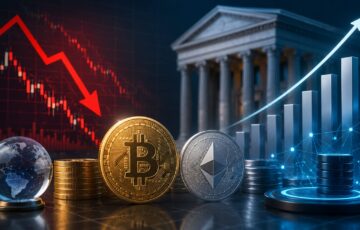 下落する仮想通貨市場と成長する機関投資家向けインフラを対比した、ビットコインとイーサリアムのイメージ