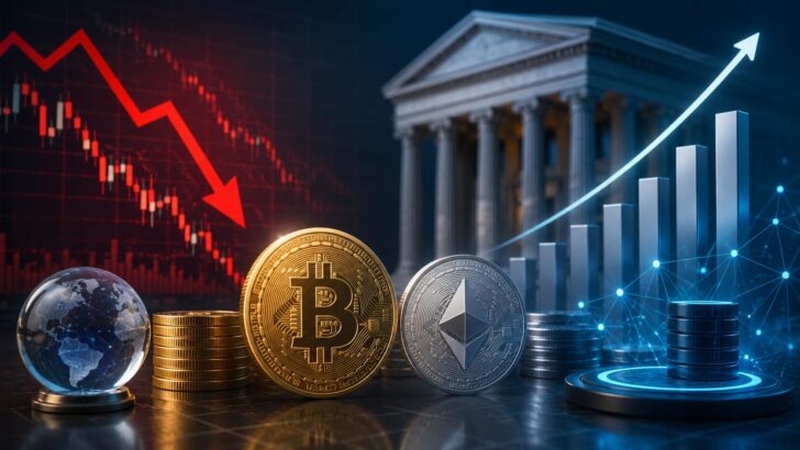 下落する仮想通貨市場と成長する機関投資家向けインフラを対比した、ビットコインとイーサリアムのイメージ