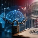 米国政府の規制を象徴する旗と書類を背景に、鎖で封じられたAIネットワークが描かれている