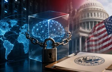米国政府の規制を象徴する旗と書類を背景に、鎖で封じられたAIネットワークが描かれている