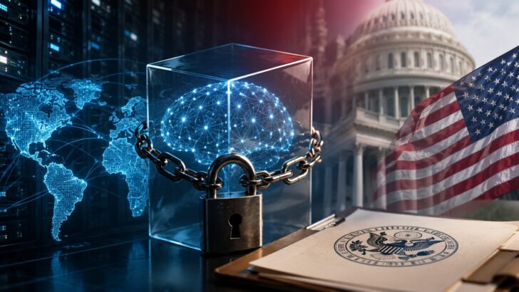 米国政府の規制を象徴する旗と書類を背景に、鎖で封じられたAIネットワークが描かれている
