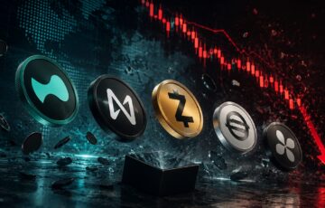 下落チャートを背景に複数の仮想通貨トークンが浮かぶ市場急落イメージ