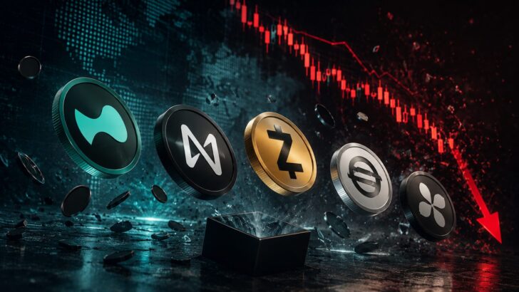 下落チャートを背景に複数の仮想通貨トークンが浮かぶ市場急落イメージ