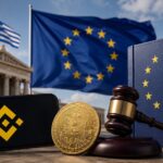 EU旗とギリシャ旗を背景に、バイナンスのロゴ、ビットコイン、法的文書、裁判用の小槌が並ぶ規制審査を表したイメージ