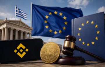 EU旗とギリシャ旗を背景に、バイナンスのロゴ、ビットコイン、法的文書、裁判用の小槌が並ぶ規制審査を表したイメージ