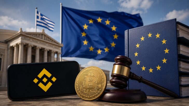 EU旗とギリシャ旗を背景に、バイナンスのロゴ、ビットコイン、法的文書、裁判用の小槌が並ぶ規制審査を表したイメージ
