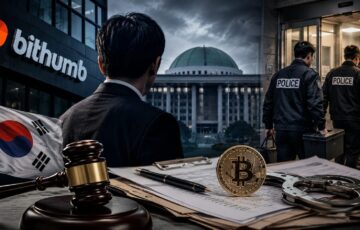 韓国の暗号資産取引所Bithumbを巡る贈収賄疑惑を表現した、警察捜査や議会、ビットコインを組み合わせたイメージ画像