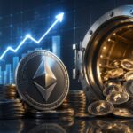 BitmineによるETH保有拡大と優先株発行計画をイメージした、イーサリアムと金庫、上昇チャートのビジュアル