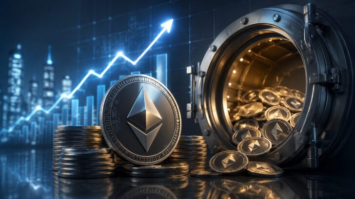 BitmineによるETH保有拡大と優先株発行計画をイメージした、イーサリアムと金庫、上昇チャートのビジュアル