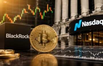 ナスダック市場を背景に、ブラックロックのロゴ、ビットコイン、金融チャートが並ぶビットコインインカムETFを表したイメージ
