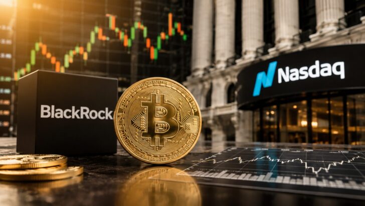 ナスダック市場を背景に、ブラックロックのロゴ、ビットコイン、金融チャートが並ぶビットコインインカムETFを表したイメージ