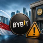 シンガポールの街並みとMASを想起させる建物の前に、Bybitのコイン、警告マーク、南京錠が配置された規制警戒を表すイメージ